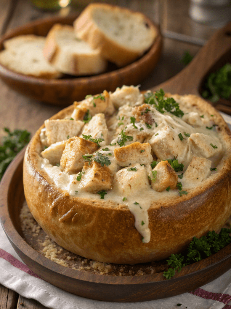 Chicken Alfredo Garlic Bread Bowls