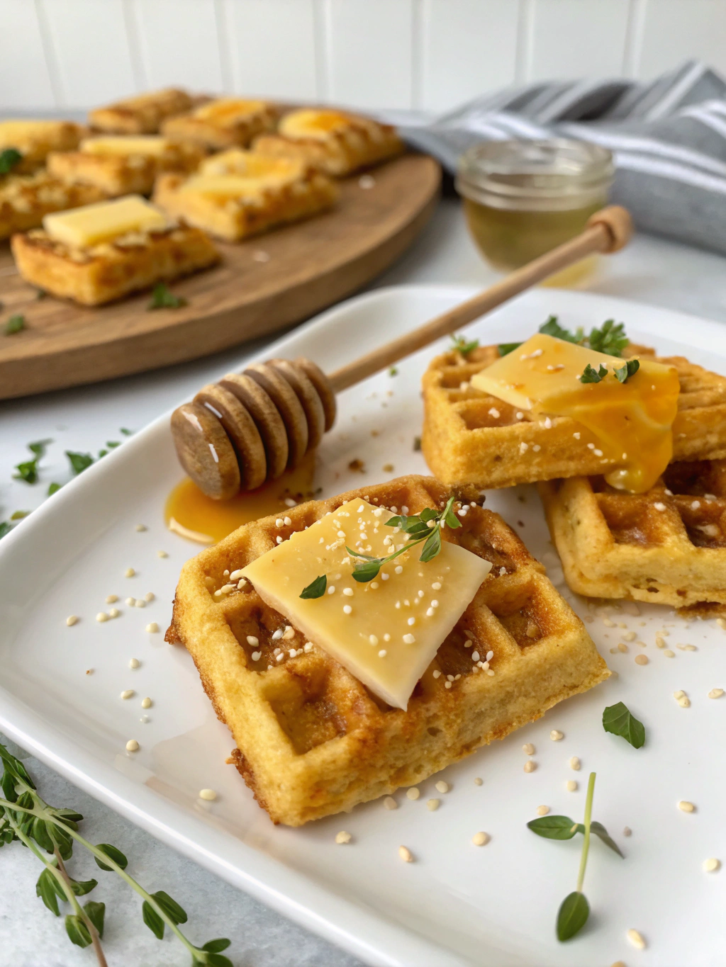 Cornbread Waffle Bites with Smoked Gouda and Honey