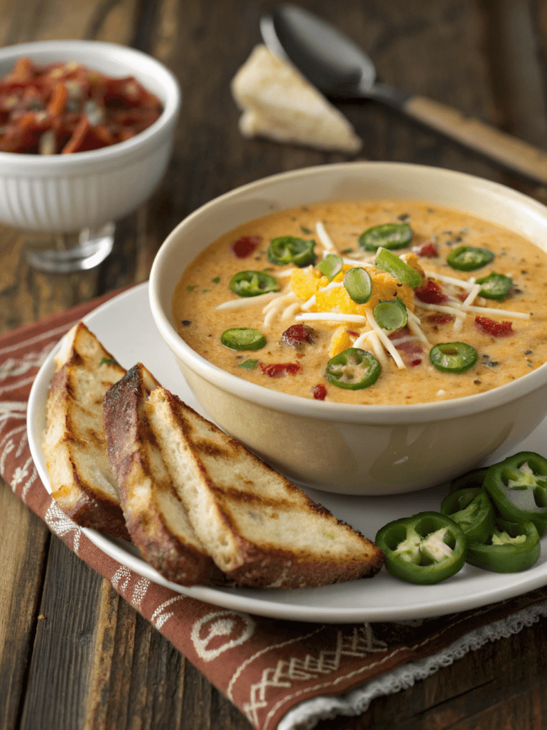 Spicy Jalapeño Popper Soup with Grilled Cheese Dippers