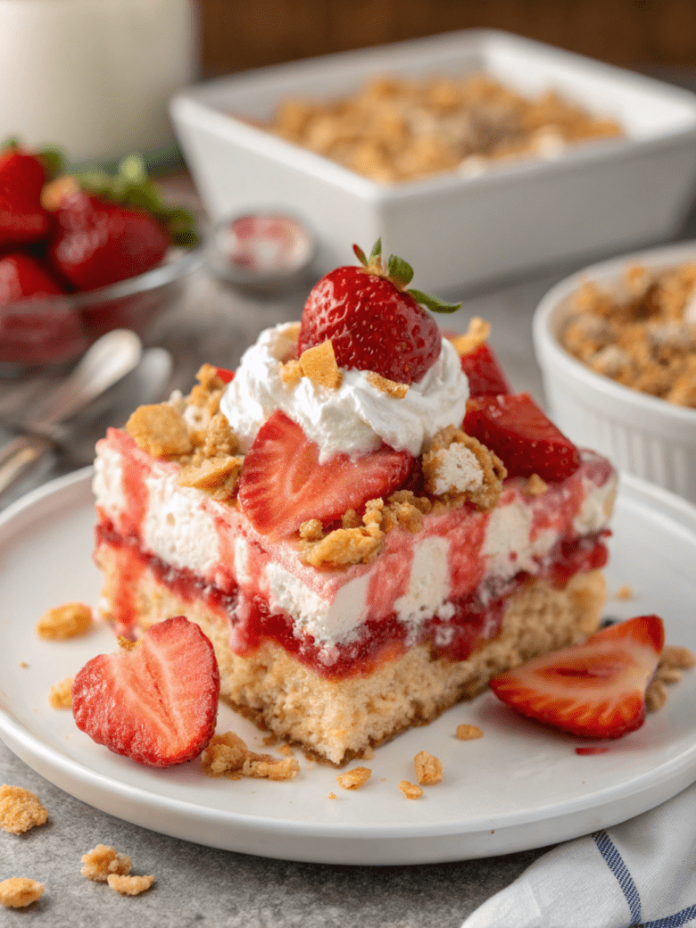 Strawberry Crunch Poke Cake