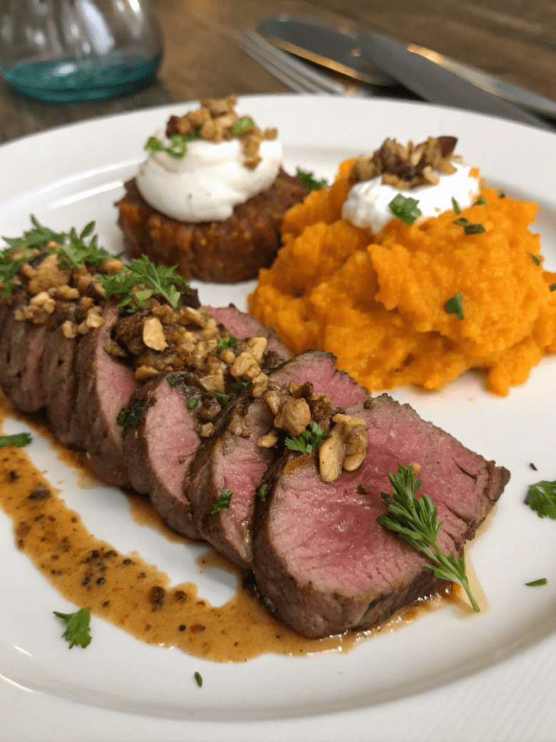 Beef Tenderloin and Sweet Potato Mash
