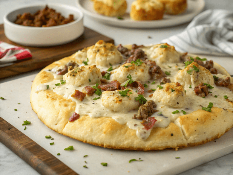 Biscuits and Sausage Gravy Breakfast Pizza