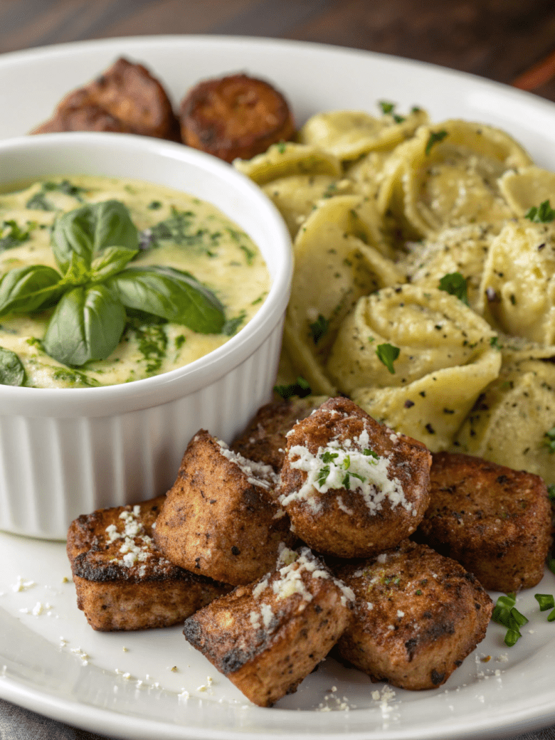 Garlic Butter Steak Bites & Creamy Pesto Alfredo Tortellini