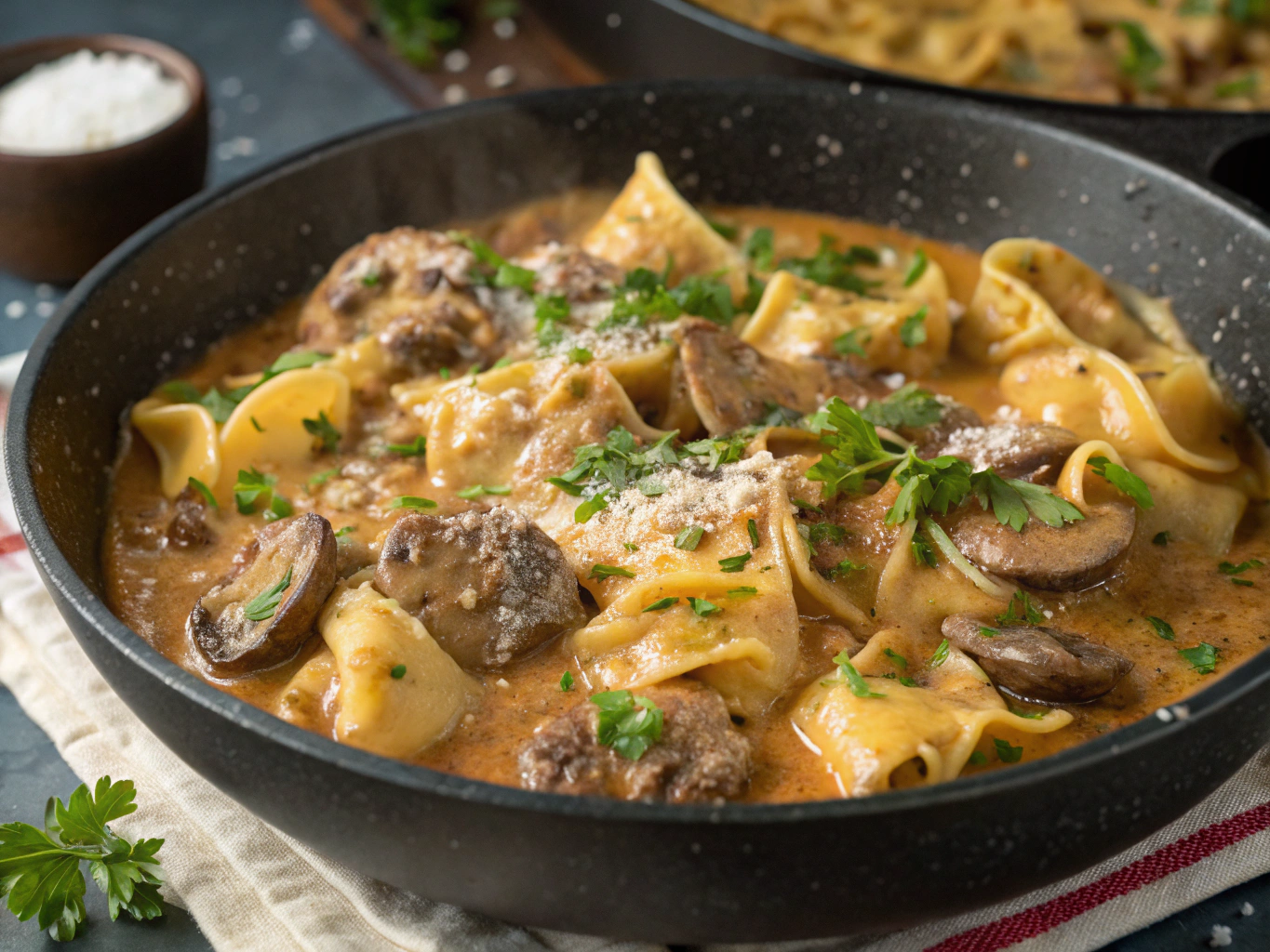 Skillet Beef Stroganoff Tortellini in Creamy Sauce