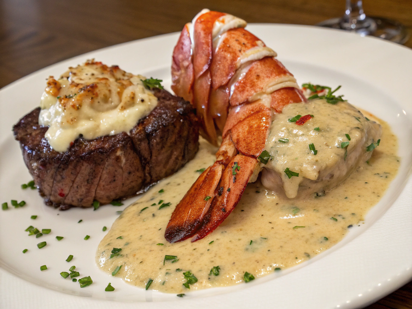 Surf and Turf with Creamy Garlic Sauce