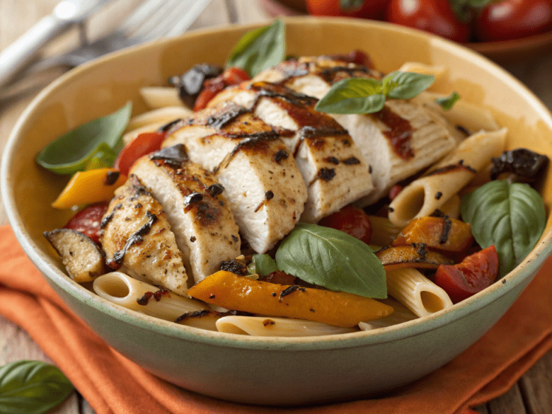 balsamic roasted veggie pasta with grilled chicken