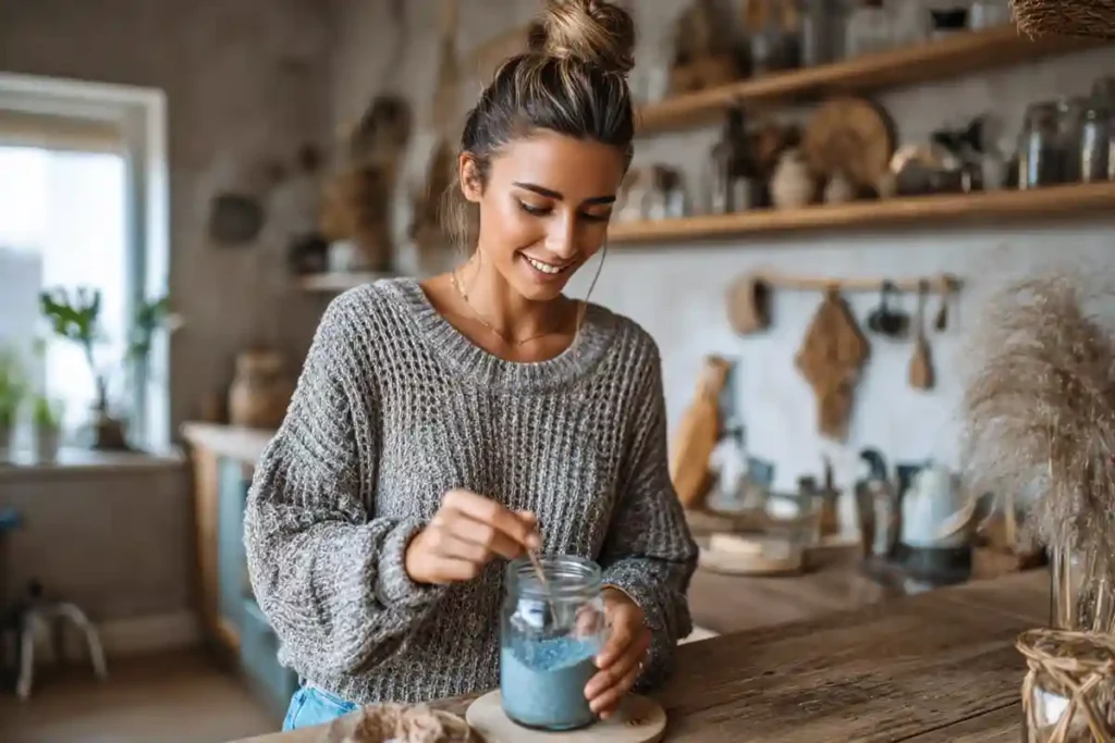 Woman preparing a Persian blue salt drink as part of a wellness ritual