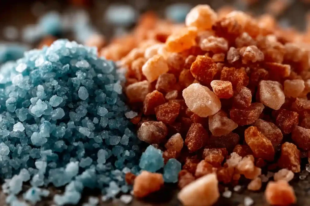 Close-up comparison of Persian blue salt and Himalayan pink salt