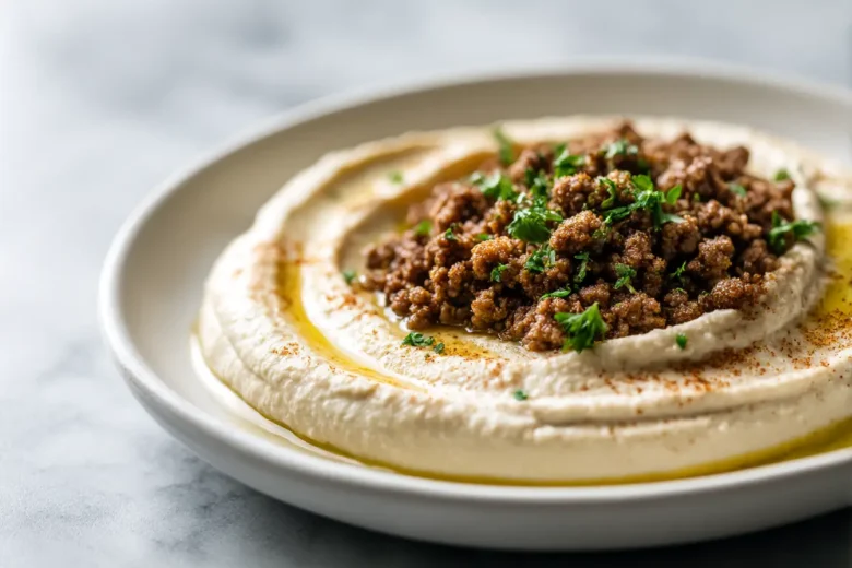 Delicious hummus lamb dish served with fresh herbs