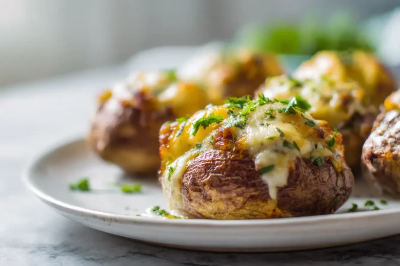Delicious stuffed potatoes topped with cheese and herbs