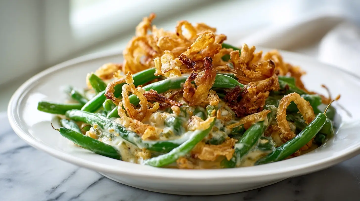 Delicious Campbell's green bean casserole topped with crispy onions.