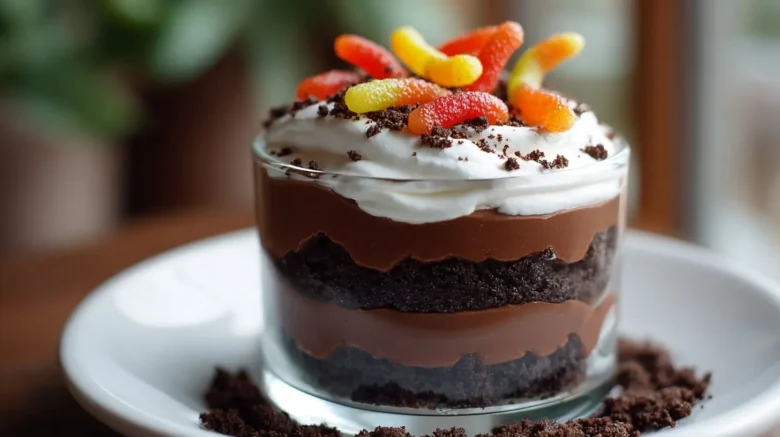 Deliciously creamy dirt pudding topped with crushed cookies and gummy worms.