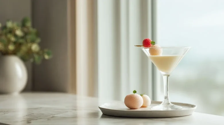 A refreshing lychee martini, beautifully garnished.