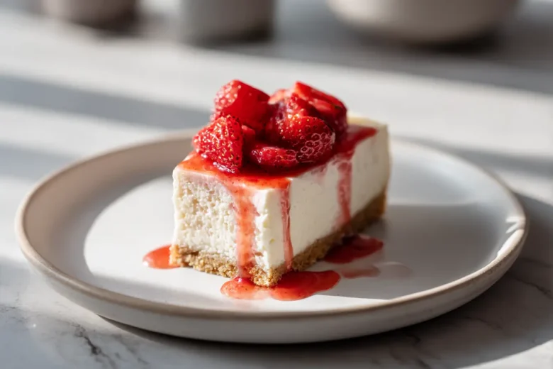 Delicious strawberry cheesecake topped with fresh strawberries