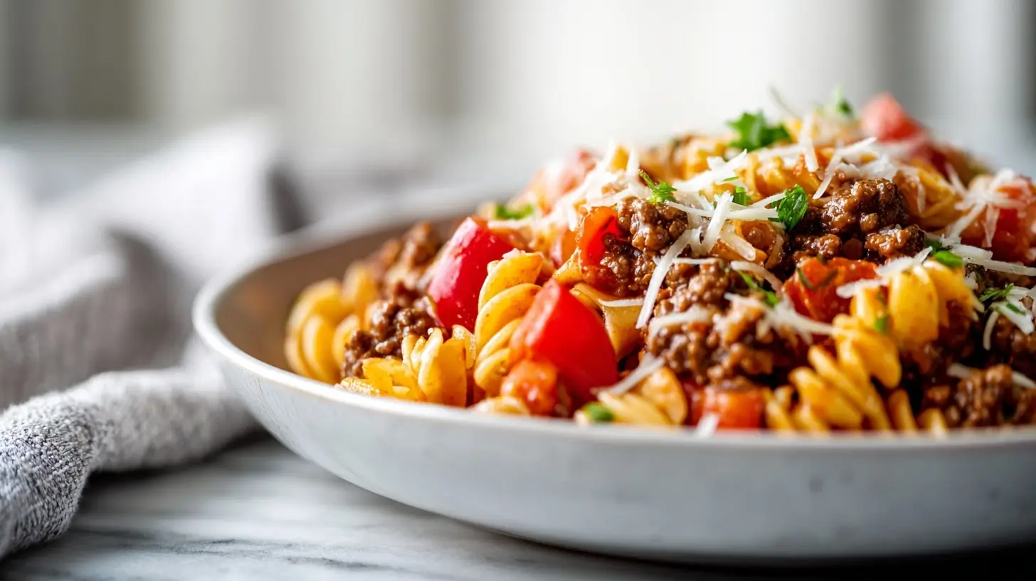 Delicious taco pasta topped with cheese and fresh herbs