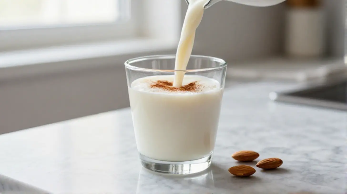 Delicious homemade almond milk in a glass.